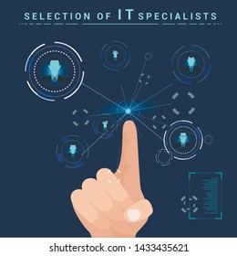 Selection IT Specialists. Finger Clicks on Monitor. Vector Illustration. Explore Workflow. Evaluate Professional Qualities. Competitive Workplace. Recruitment Agency. Finger Touches Screen.