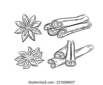 A selection of spices. Set of anise and cinnamon . Black line art in hand drawn doodle style. Isolated vector illustration.