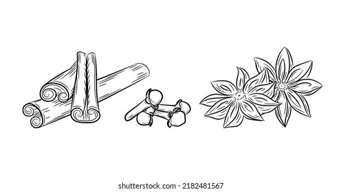 A selection of spices. Set of anise, cinnamon and cloves. Black line art in hand drawn doodle style. Isolated vector illustration.
