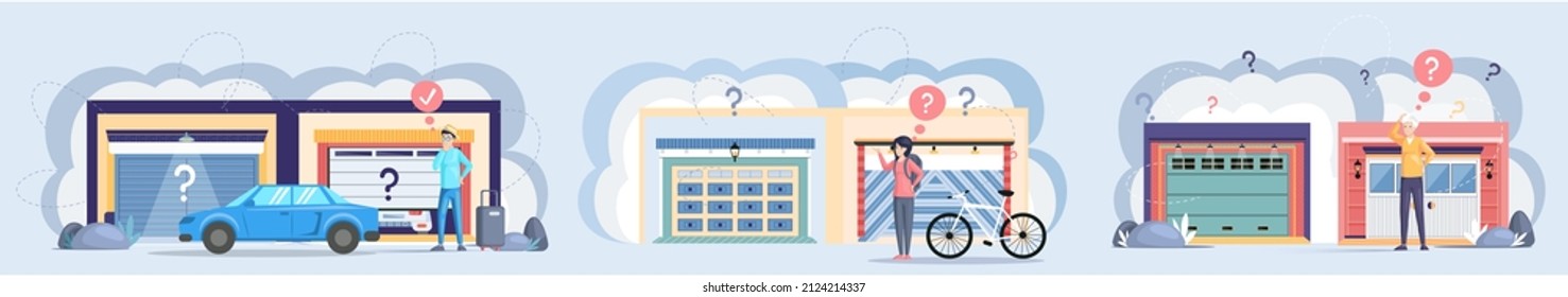 Selection of storage, place for transport inside house. Set of illustrations about people looking for modern garage. Place with automatically opening doors for parking different types of transport