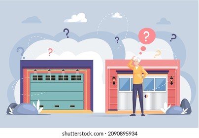 Selection of storage space, place for transport storing inside house. Gates with lifting mechanism in garage for automobile parking. Man looking for modern garage with automatically opening doors
