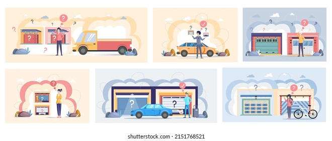 Selection Of Storage Space, Place For Transport Inside House. Gates With Lifting Mechanism In Garage. Set Of Illustrations About People Looking For Modern Garage With Automatically Opening Doors