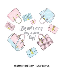 A selection of stylish bags laid out in the shape of a heart. Vector illustration for a card or poster. Do not worry - buy a new bag.