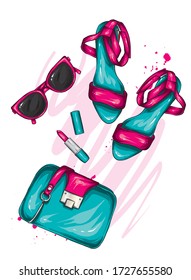 A selection of stylish women's accessories. Fashionable illustration. Vector for greeting card or poster, print on clothes. Fashion & Style. Shoes, bag, glasses, cosmetics. Perfume and lipstick.