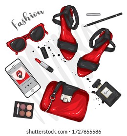 A selection of stylish women's accessories. Fashionable illustration. Vector for greeting card or poster, print on clothes. Fashion & Style. Shoes, bag, glasses, cosmetics and smartphone. Perfume and 