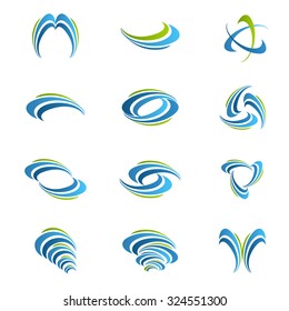 A selection of stylized blue logos. hurricane symbol, tornado, tornadoes, storm. Arc and half-arches.