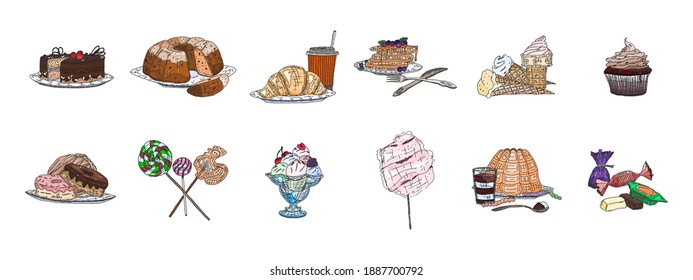 a selection of sweets from a cafe and street food. vector new template