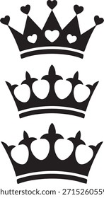 Uma seleção de três ícones de coroa estilo realeza em estilo de design preto plano representando o poder real e luxo