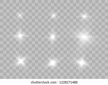 The selection of the transparent elements of light on an isolated background. Bright reflection, flare. Shining star. Glaring effulgence. Vector illustration.