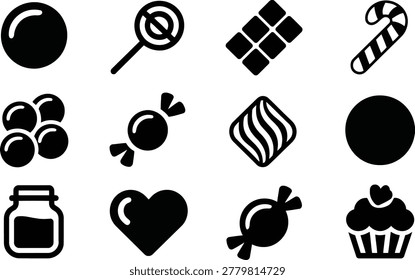 A selection of twelve distinct black dessert icons representing various confectionery items like chocolate bars and candies for menu.