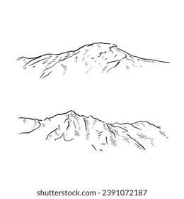 A selection of two mountain outlines in a simple sketchy style in black and white. Line drawn by hand on Procreate. 