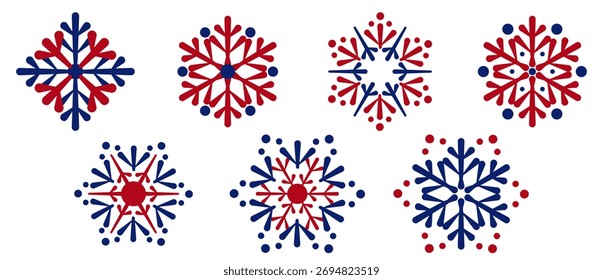 Selection of two-color snowflakes of various shapes for ornaments. Isolated geometric symbols with blue and red elements. Vector set of circle icons. Various shapes of snow symbols in flat style