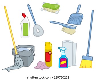 A selection of various common cleaning supplies and implements.