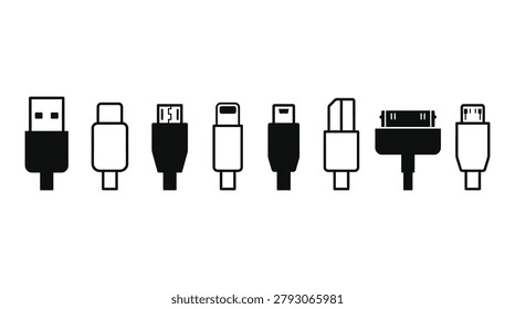 A selection of various electronic charging cable heads and data connector ports in a mix of outline and solid black icon styles
