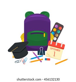 Selection of various individual school supplies on white background. Education vector pencil notebook school supplies. Learning accessories student school supplies back to school, education concept.