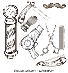 A selection of vector black and white cliparts on the theme barbershop. Razors, mustache, hair dryers and other paraphernalia.