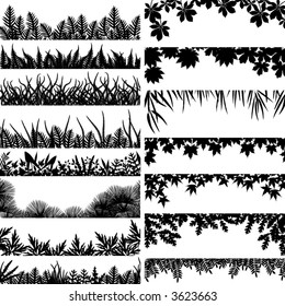 Selection of vector borders and foregrounds of various plants and trees