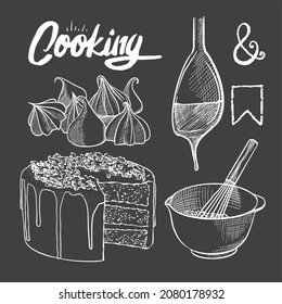 A selection of vector images of baking with lettering on a black background in the style of hand made