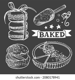 A selection of vector images of baking with lettering on a black background in the style of hand made