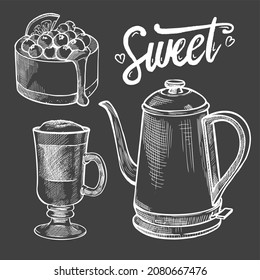 A selection of vector images of baking with lettering on a black background in the style of hand made