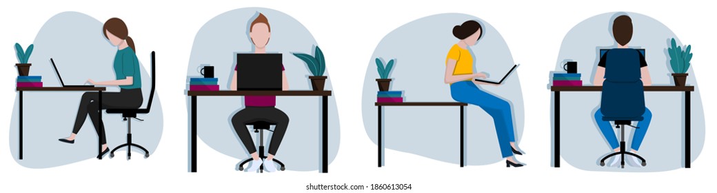 A selection of vector images of young people, men and women working on a laptop at home or in the office Office worker at work. Online training remotely from home. 