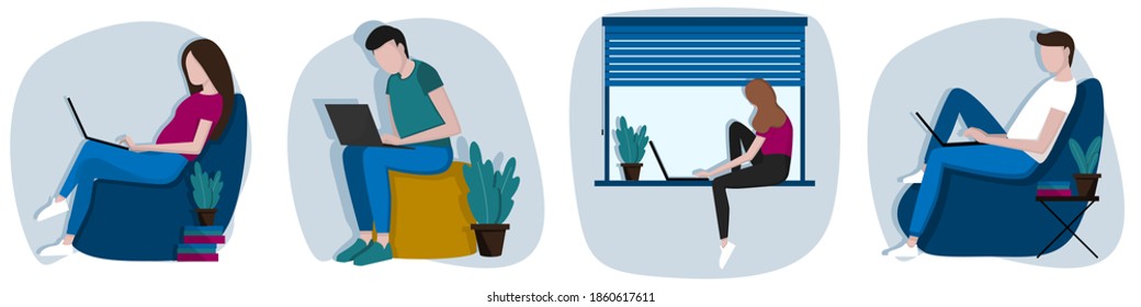 A selection of vector images of young people, men and women working on a laptop at home or in the office Office worker at work. Online training remotely from home. 