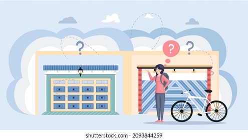 Selection of vehicle storage space, place for transport storing inside house. Gates with lifting mechanism in garage for bicycles parking. Woman looking for garage to park her bike vector illsutration