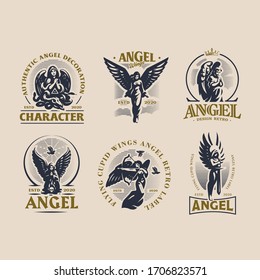 A selection of vintage emblems with women angels. Women in dresses with wings.