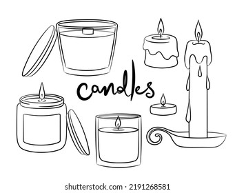A selection of wax candles in a glass candlestick. Sketch of candles in different formats in doodle style. Accessories for the interior of a cozy home. Isolated vector illustration.