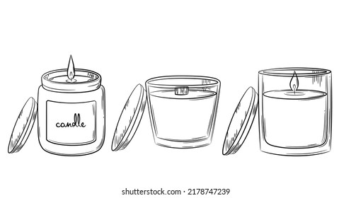 A selection of wax candles with a wick in a glass candlestick with a wooden lid. Sketch in doodle style. Drawing of a burning candle in a jar drawn in line style. Isolated vector illustration.