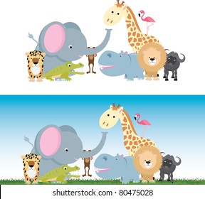 selection of wild animal cartoons including elephants, cats and a monkey