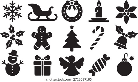 Seleção de silhuetas de férias de inverno. Inclui flocos de neve, trenó, grinalda, vela, gengibre homem, sino e boneco de neve. Ótimo para decoração sazonal de inverno, cartões de férias e desenhos festivos. Use estes elementos para scrapbooking, cartões, convites e outros projetos criativos.
