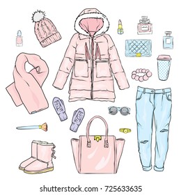 Selection of winter women's clothing. Jacket, coat, shoes, bag, perfume, cosmetics and other accessories. A set of stickers. Vector illustration for a postcard or a poster.