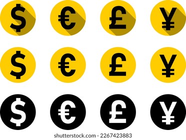 Selection of World Currencies Icon Set including US Dollar, Euro, British Pound Sterling, Japanese Yen or Chinese Yuan Coin Money Symbol. Vector Image.