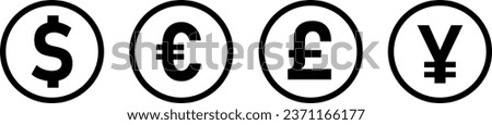 Selection of World Currencies Icon Set including US Dollar, Euro, British Pound Sterling, Japanese Yen or Chinese Yuan Coin Money Symbol. Vector Image.