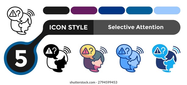 Selective Attention Awareness icon for illustrating attention monitoring systems, focus recognition methods, and cognitive awareness concepts. Line, Filled, Color, Dualtone style.