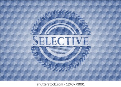 Selective blue badge with geometric background.