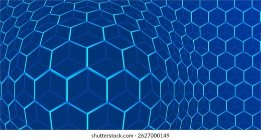 Selective focus photo. Close up picture of geometrical neon blue hexagon background