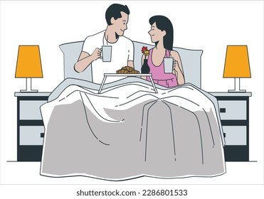 Esfuerzo selectivo de pareja joven tocándose el uno al otro cerca del café y crepes en la bandeja del desayuno en la cama. Concepto de rutina matutina. Niña tomando café en la cama. Desayuno en la cama. Ilustración vectorial plana