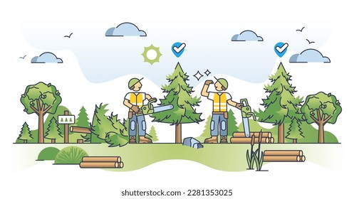 Proceso selectivo de recolección y escoja un árbol para el concepto de contorno de corte. Arboristas con ilustración vectorial de la cosecha de madera sostenible, efectiva y respetuosa con la naturaleza. Gestión forestal responsable.