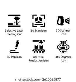 Selective Laser melting, 3d Scan, Scanner, Pen, 360 Degrees, Industrial production, Black Icon Set