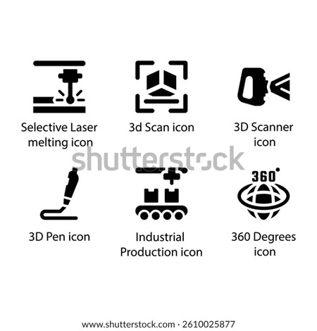 Selective Laser melting, 3d Scan, Scanner, Pen, 360 Degrees, Industrial production, Black Icon Set