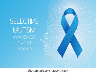 Selective Mutism awareness month October web banner with blue ribbon and human head silhouette 