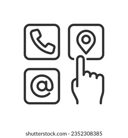 Selects how to communicate, linear icon. Finger selects address, phone call or email. Contact us. Line with editable stroke