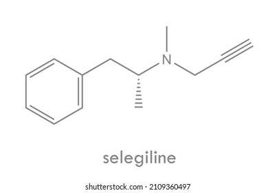 Estructura selegilina. Molécula del fármaco inhibidor de la MAO. Se utiliza en el tratamiento de la enfermedad de Parkinson y la depresión. Fórmula esquelética.