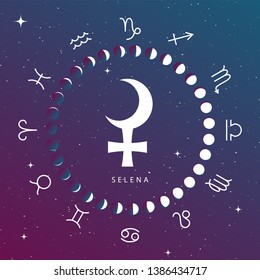 Selena astrologic sign in the center of zodizc circle