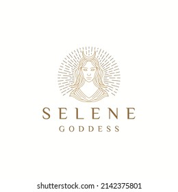 Selene goddess of the moon greek  mythology. women beauty logo icon design template flat vector