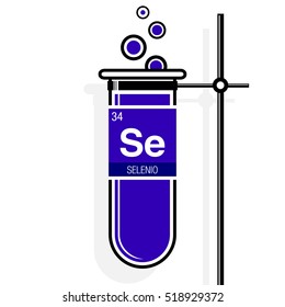 Selenio symbol - Selenium in Spanish language - on label in a violet test tube with holder. Element number 34 of the Periodic Table of the Elements - Chemistry 
