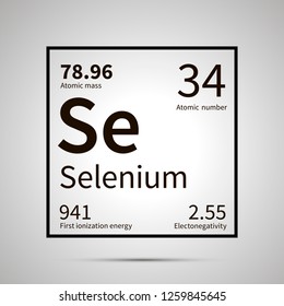 Selenium chemical element with first ionization energy, atomic mass and electronegativity values ,simple black icon with shadow on gray