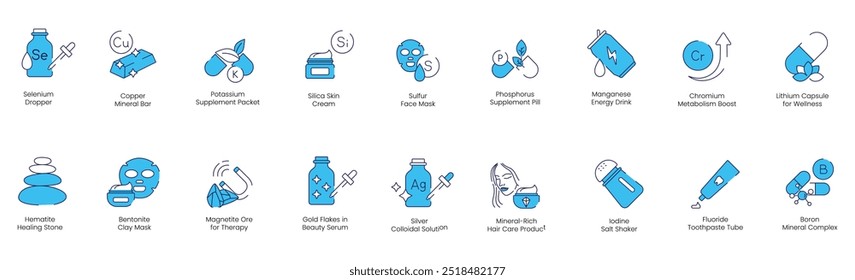 Selenium Dropper, Copper Mineral Bar, Potassium Supplement Packet, Silica Skin Cream, Sulfur Face Mask, Phosphorus Supplement Pill, Manganese Energy Drink, Chromium Metabolism Boost vector icons